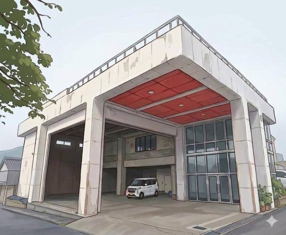 KAMEOKA CUBE の外観。白い鉄筋コンクリート造の2階建てで、1階は赤い天井の屋根つきスペースになっている