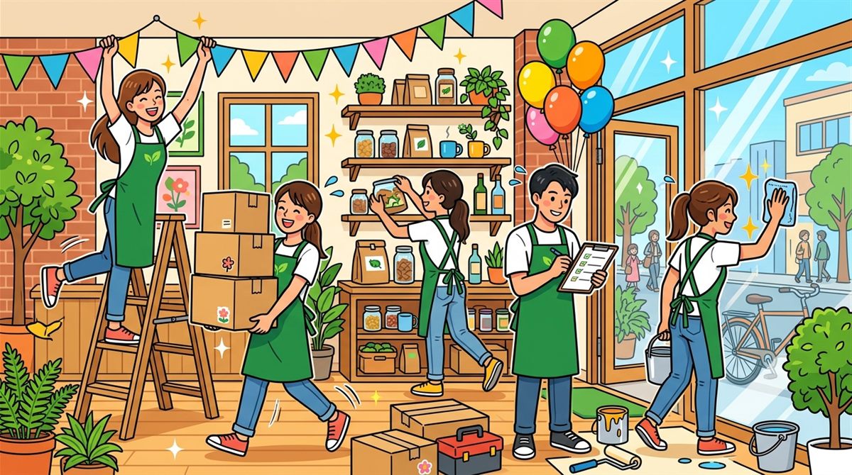 オープン前の店内で、飾り付けや荷物運び、商品の陳列にスタッフが大忙しのイラスト